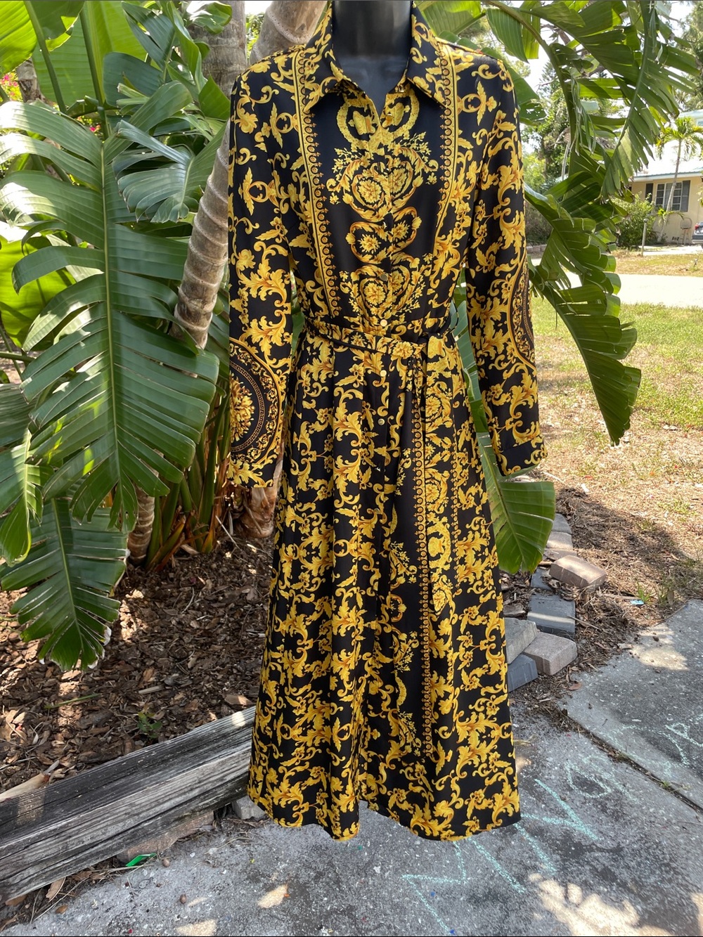Bardot bandana print, black and gold, button-down shirt dress with tie